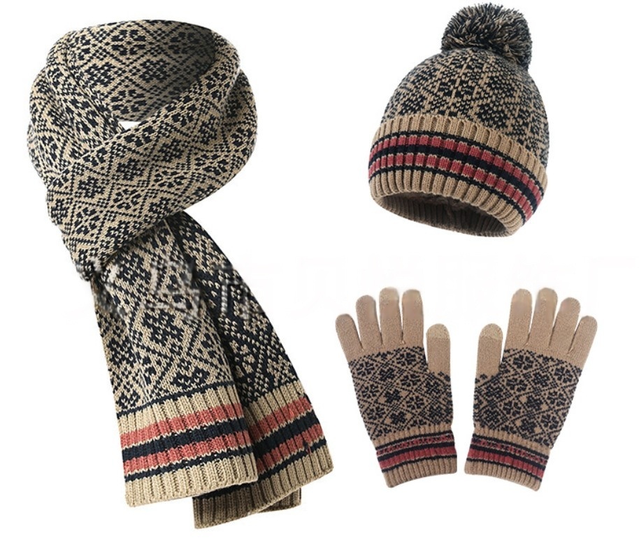 Fleeced Warm Knitted Jacquard Hat Scarf Glove 3 Piecs Sets For Women